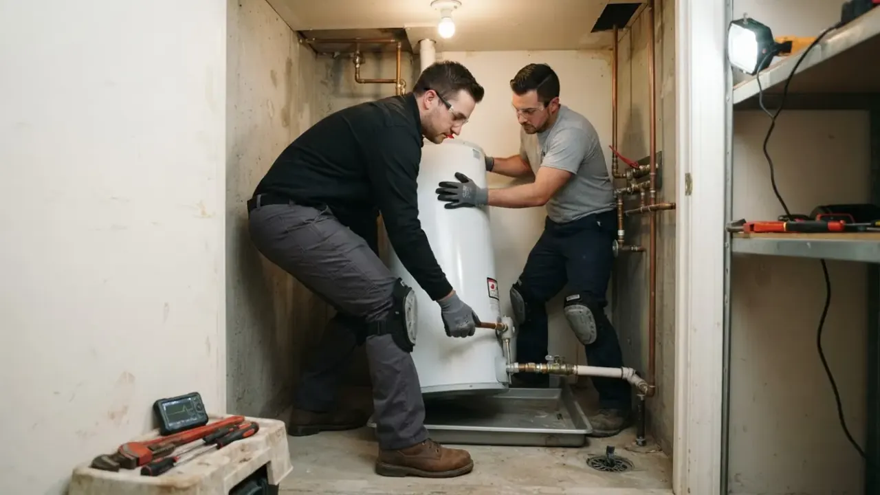 Emergency Plumber in Downey: Two plumbers working together to carefully hoist a new water heater into a confined utility