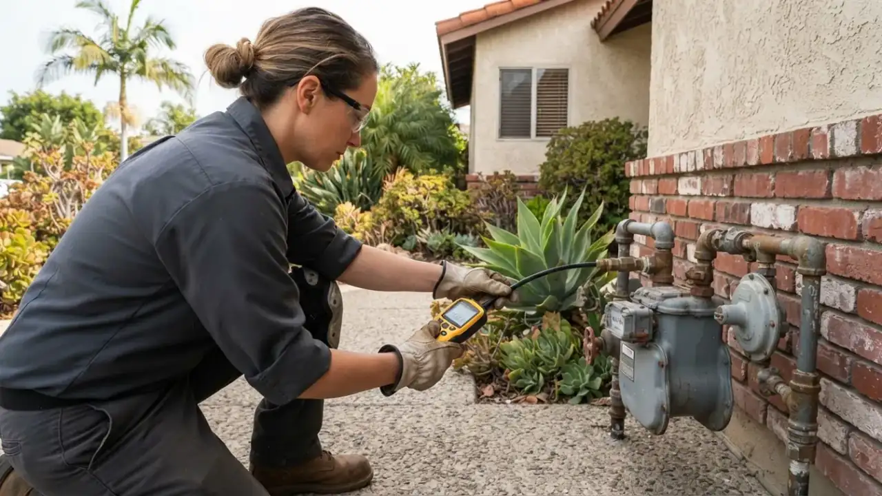 Gas Plumber in Downey: plumber using a gas leak detector to pinpoint a small leak near a gas meter outside a house