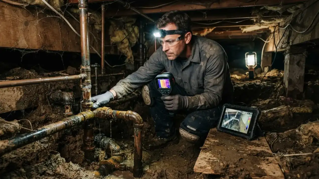 Emergency Plumber in Downey: plumber using a headlamp to illuminate a dark crawl space while inspecting pipes underneath a