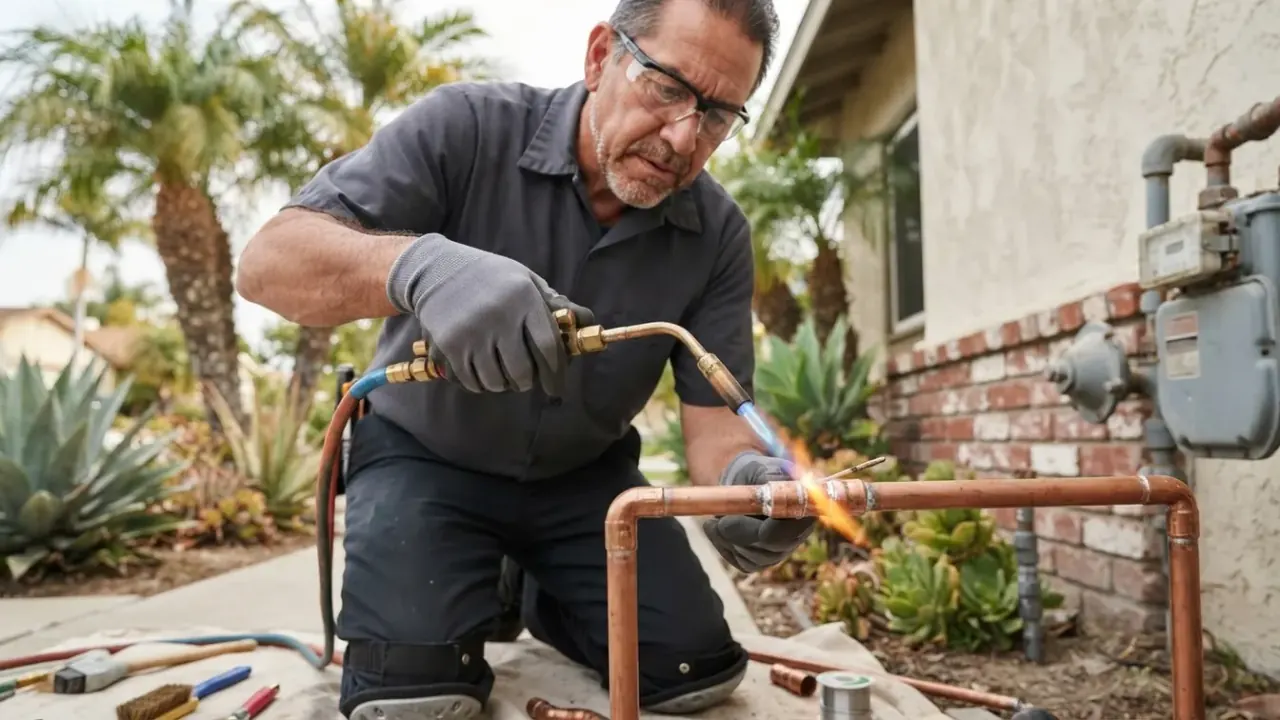 Emergency Plumber in Downey: Close-up of a plumber's hands expertly joining two copper pipes with a soldering torch, the