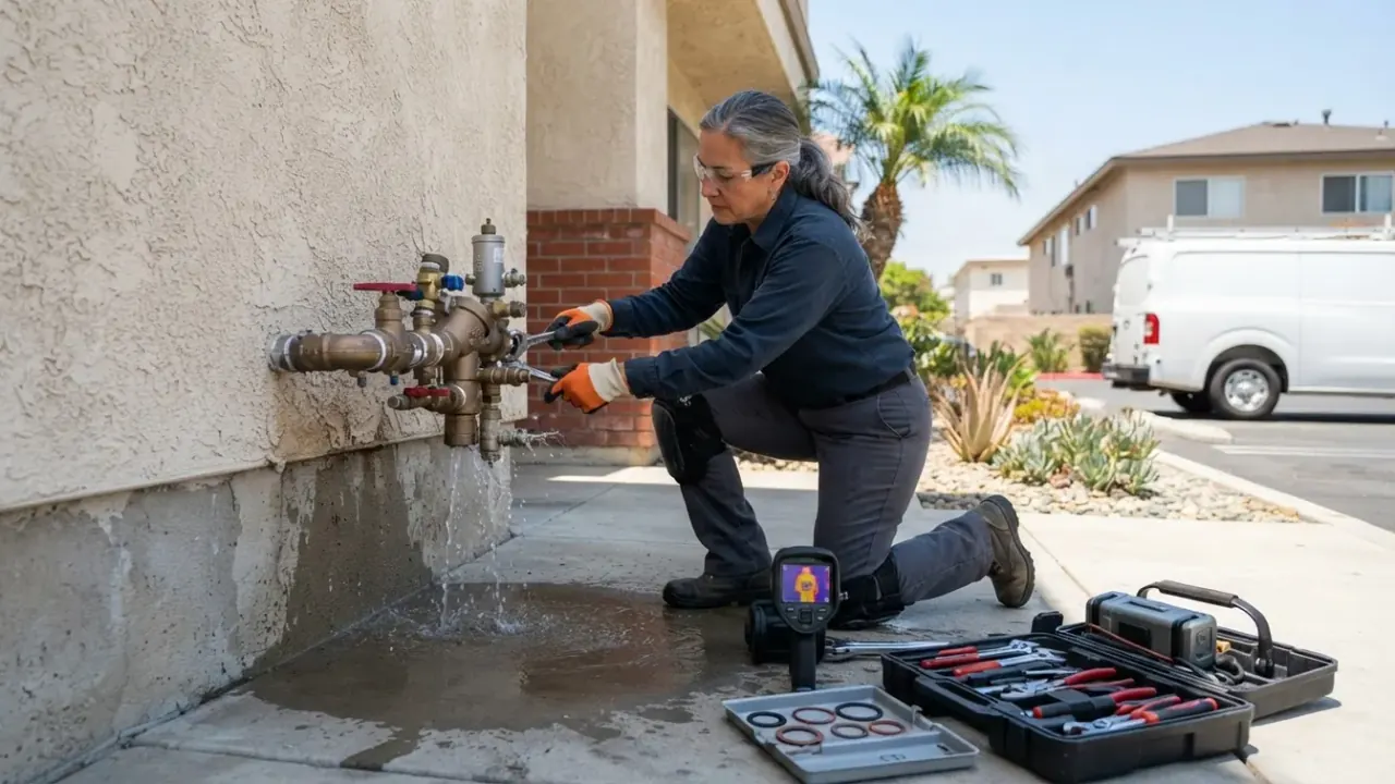 Commercial Plumbing in Downey: plumber performing maintenance on a complex backflow prevention assembly on the exterior wall