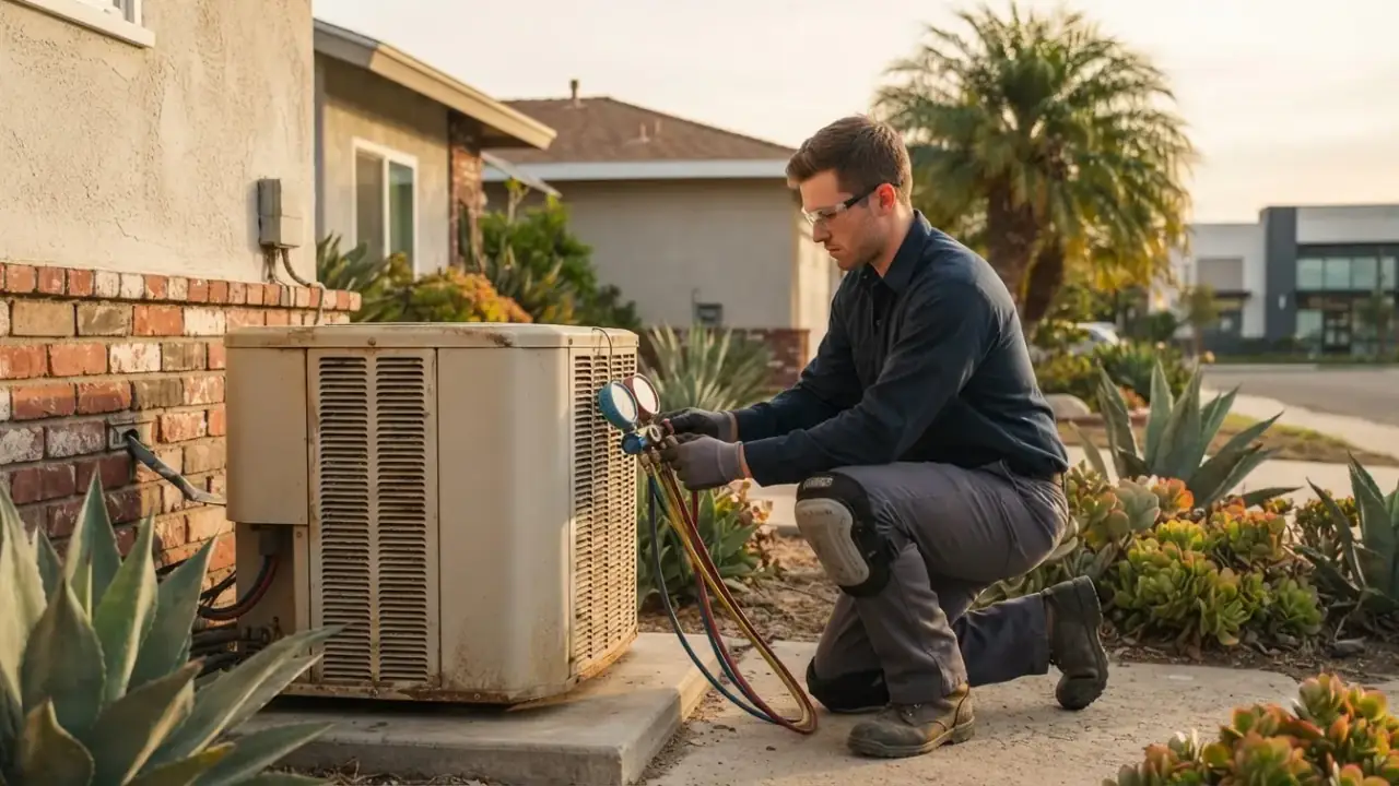 Heating And Air Conditioning in Downey: plumber (HVAC technician) checking refrigerant levels on an outdoor air conditioning