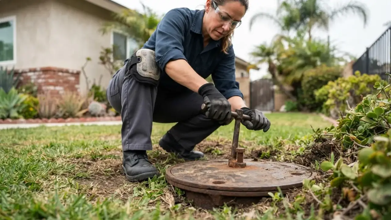 Sewer And Septic Service in Downey: plumber inspecting the access lid of a septic tank in a grassy backyard, preparing to