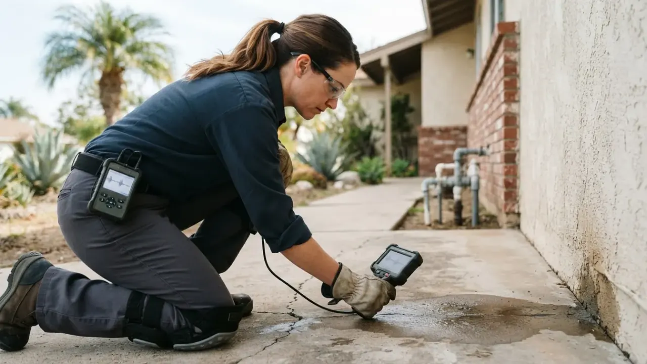 Leak Detection And Repair in Downey: plumber listening with a leak detection listening device against a concrete slab floor