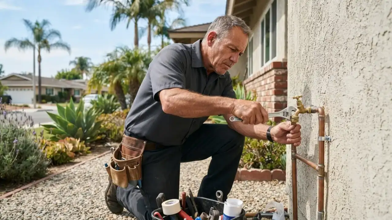 Which Water Efficient Plumbing Fixtures Can Help Reduce Water Use in Downey?: plumber installing faucet