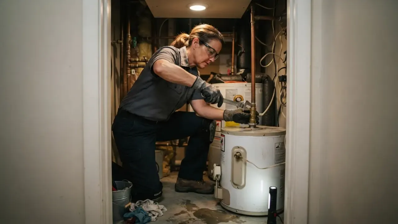 Water Heater Repair in Downey: plumber tightening a new pressure relief valve onto the top of an electric water heater in a