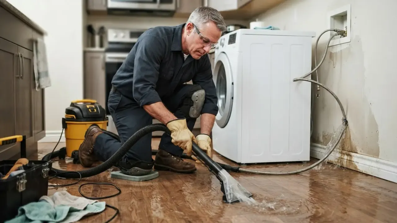 Emergency Plumbing in Downey: plumber using a wet-dry vacuum to remove standing water from a flooded kitchen floor next to a