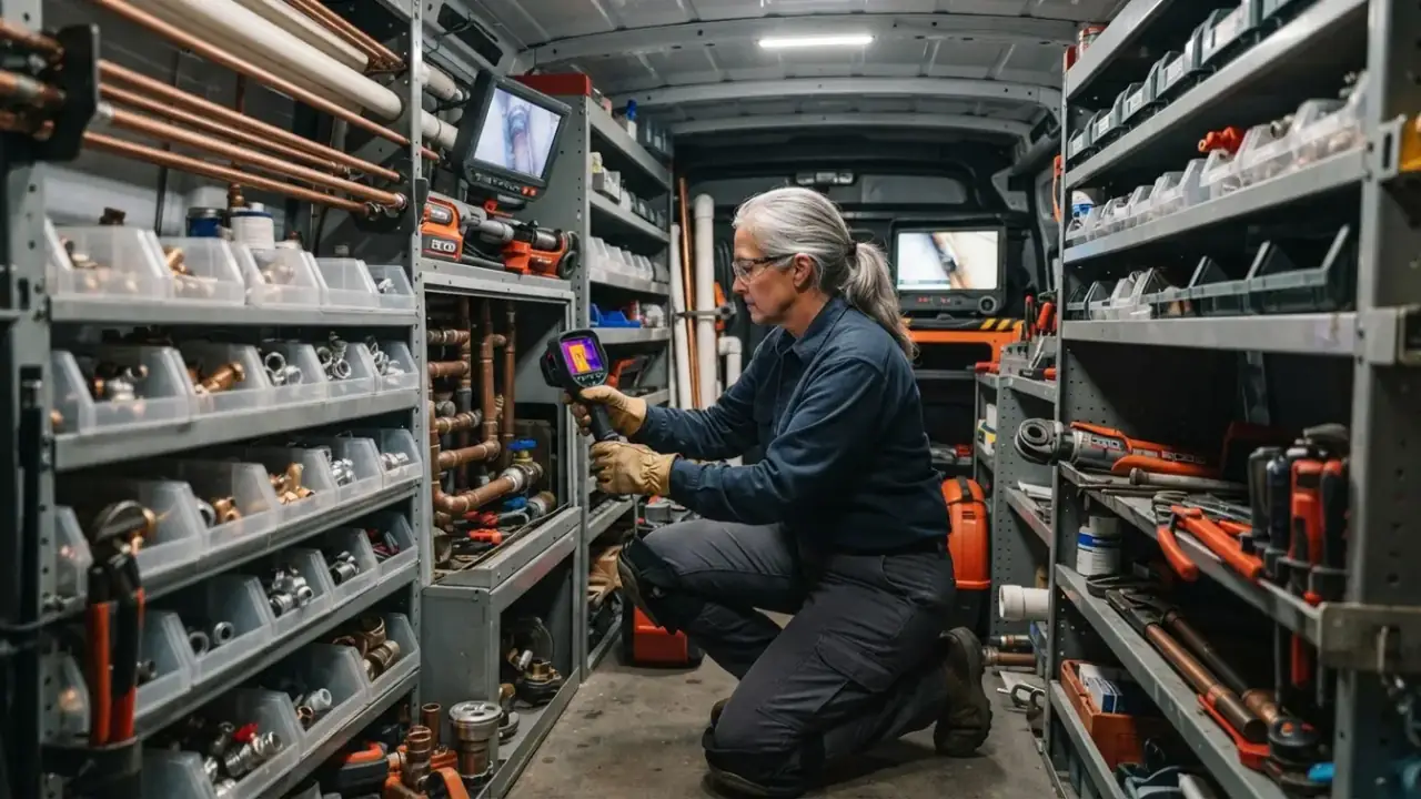 Emergency Plumber in Downey: wide shot of a clean, well-organized service vehicle interior, showing various plumbing tools
