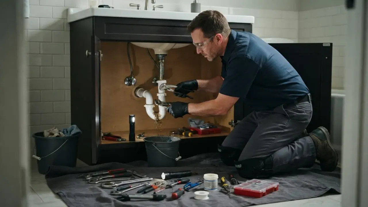 Drain Cleaning in Downey: plumber removing the P-trap under a bathroom vanity to clear a hair clog, with tools laid out on a