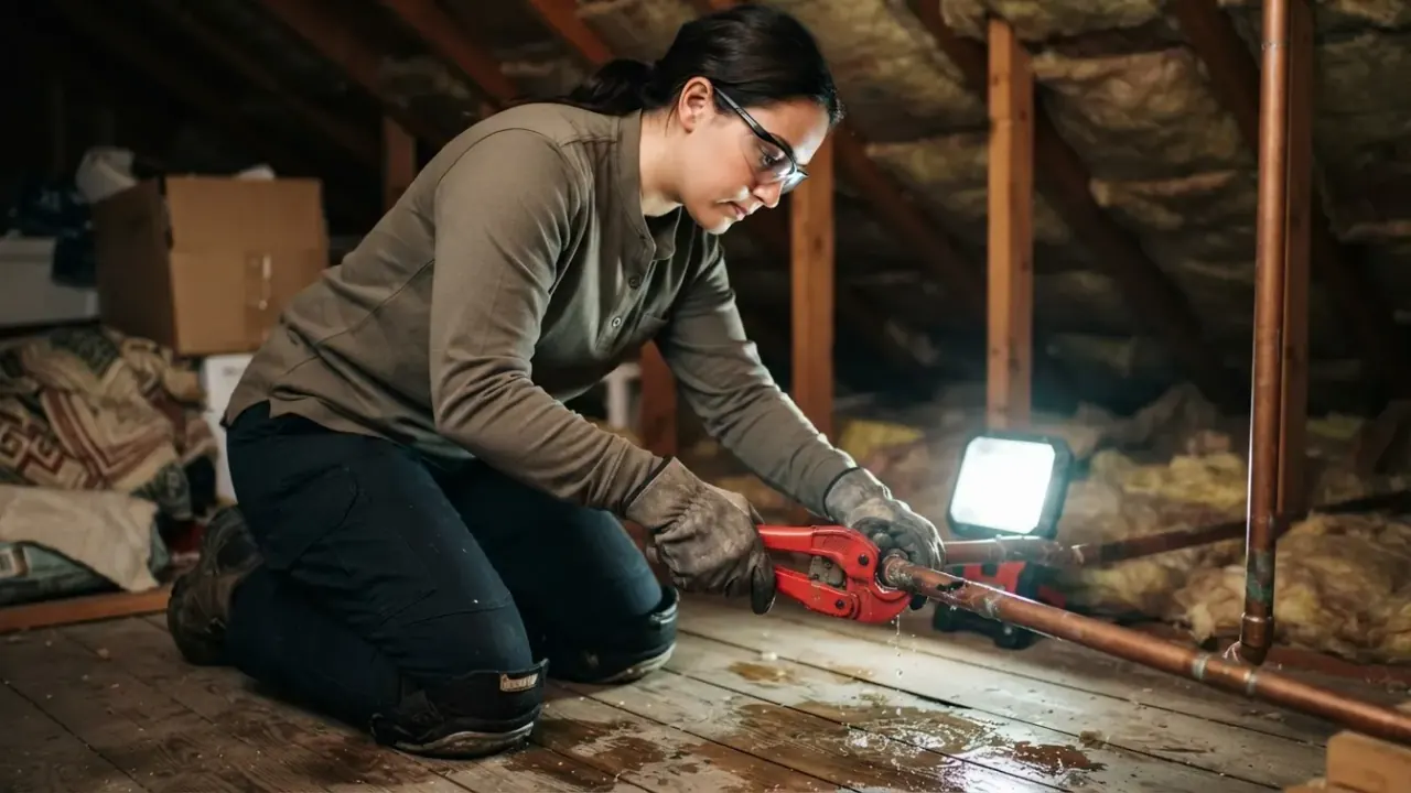 Burst Pipe Repair in Downey: plumber cutting out a damaged section of a frozen-burst copper pipe in an attic, with a pipe