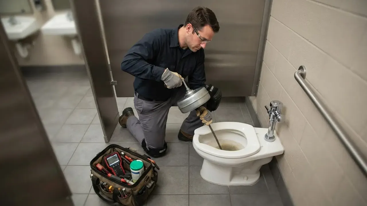 Toilet Repair in Downey: plumber clearing a severe toilet clog with a closet auger in a commercial restroom stall