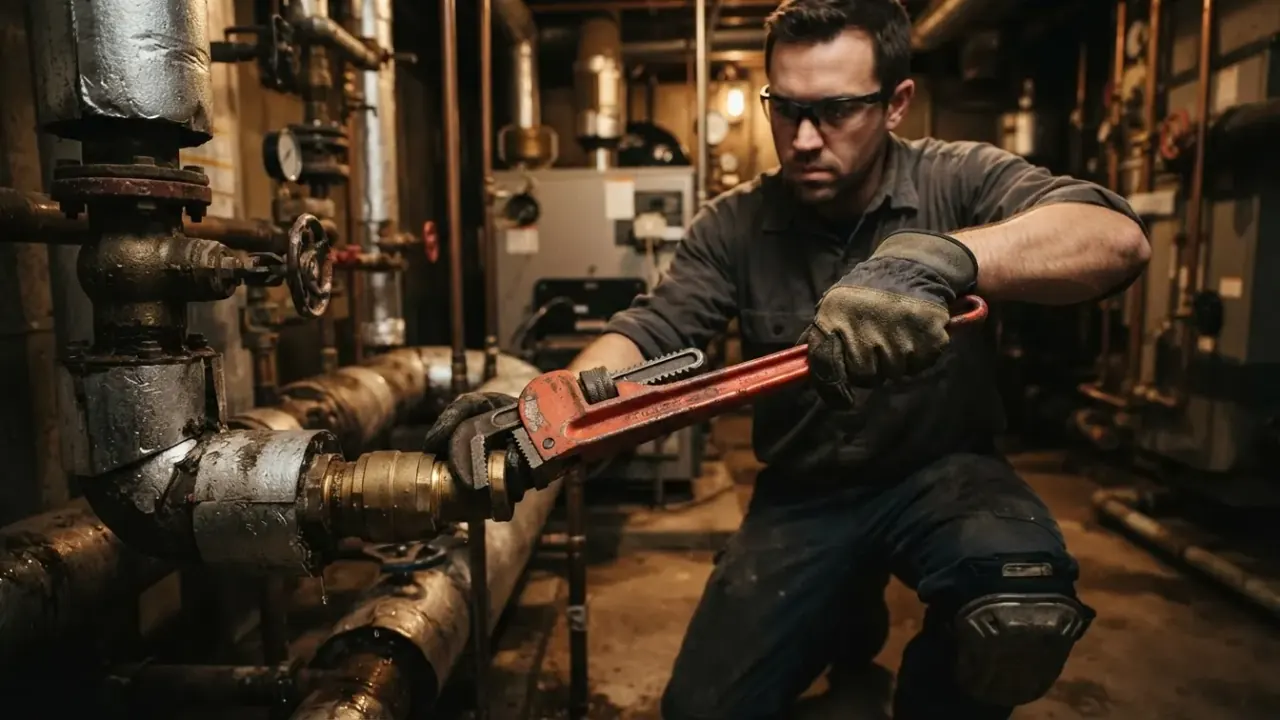 Emergency Plumber in Downey: close-up of a plumber's gloved hand tightening a large pipe wrench on a commercial-grade pipe