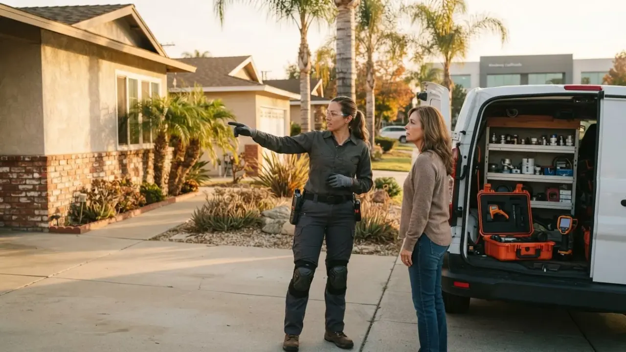 Emergency Plumber in Downey: plumber in work attire speaking with a homeowner in their driveway next to the service vehicle