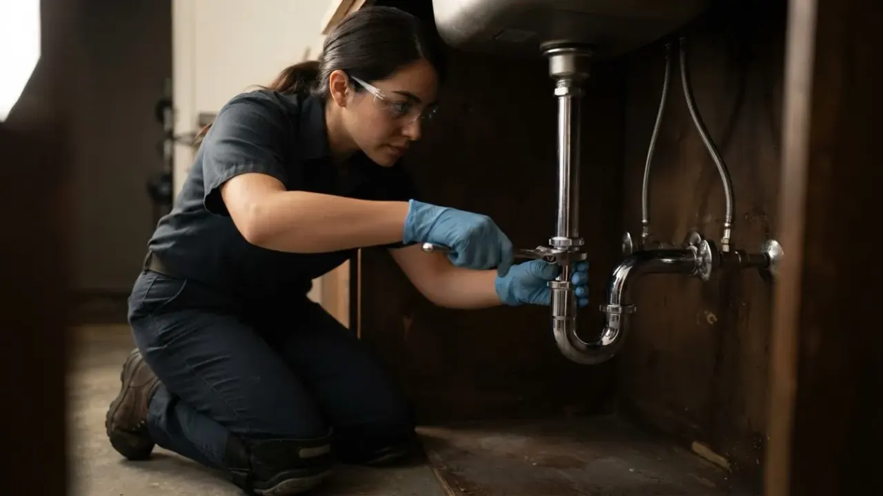 Emergency Plumber in Downey: detail shot of a newly installed, leak-free P-trap and supply lines under a kitchen sink